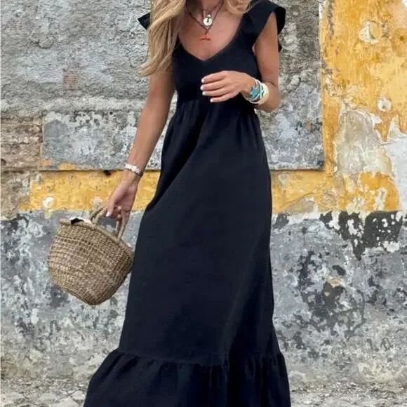 *NEW* Women’s Black Flutter/Ruffle Sleeve Maxi Boho Dress | Sizes S, M - Picture 2 of 9